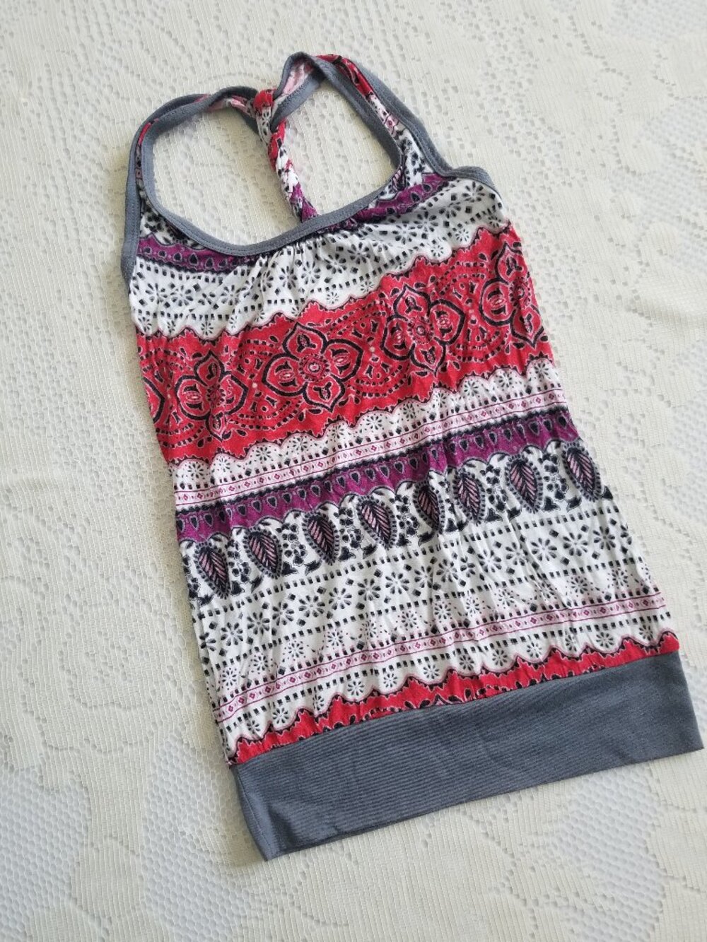 Handkerchief Print Tank Top Red Gray Size Small